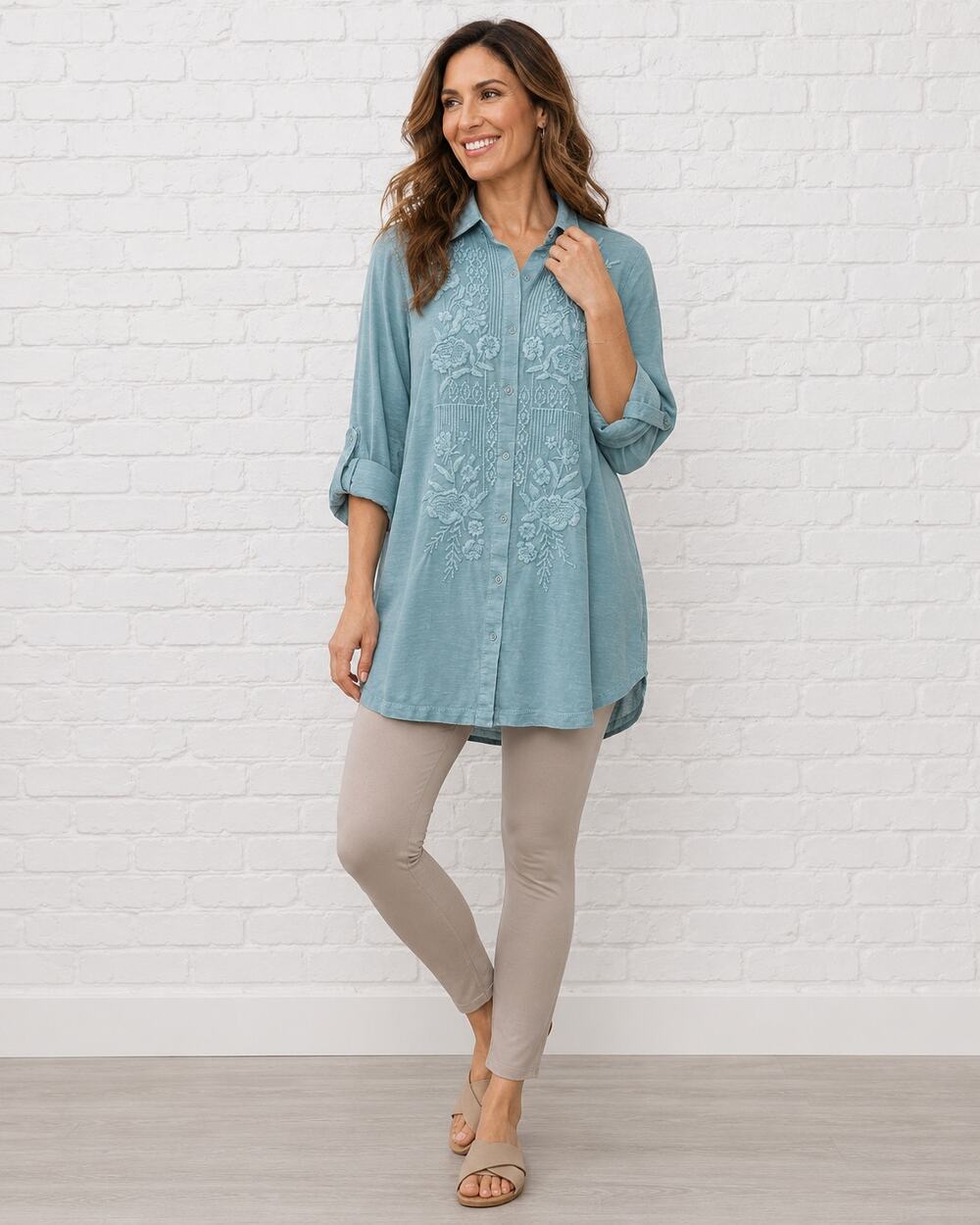 Caite Womens Blue Teal Tunic Top Size S Floral Embroidered Roll Tab Sleeves